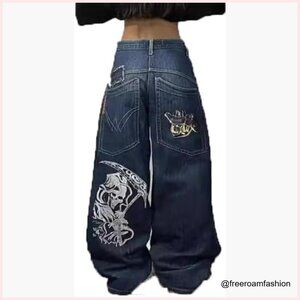 Vintage High Waist Wide Leg Denim Jeans Gothic Print Baggy Fit